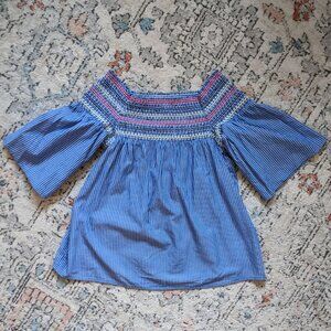 Off the Shoulder Summer Top | Blue & White Pinstripes | Flared Short Sleeves